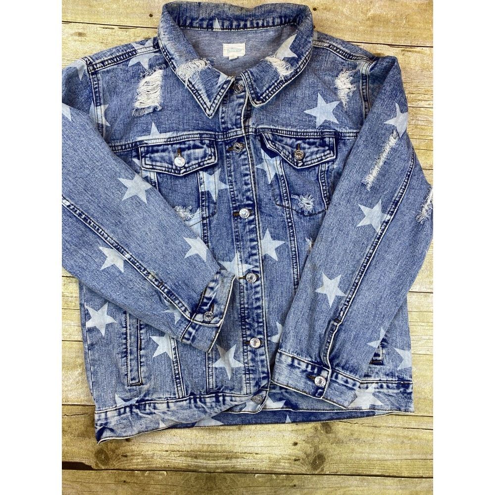 Distressed Denim Jacket Stars Light Blue Women's Size Large